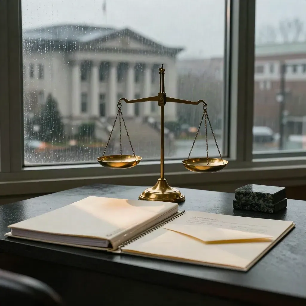 Brass scale, binder, envelopes and courthouse through rain-streaked glass at dusk.