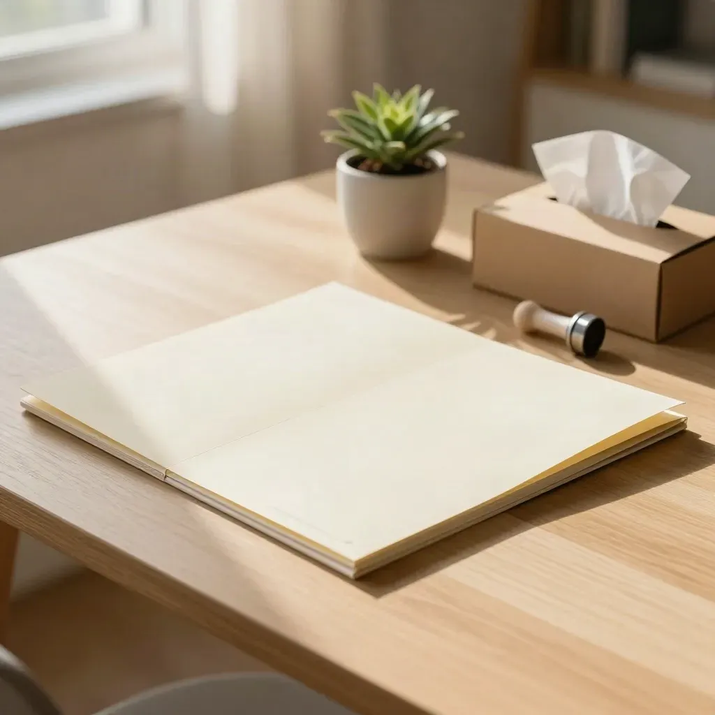 Incorporation kit with folders, seal, plant and box on a pale oak table in warm morning light.