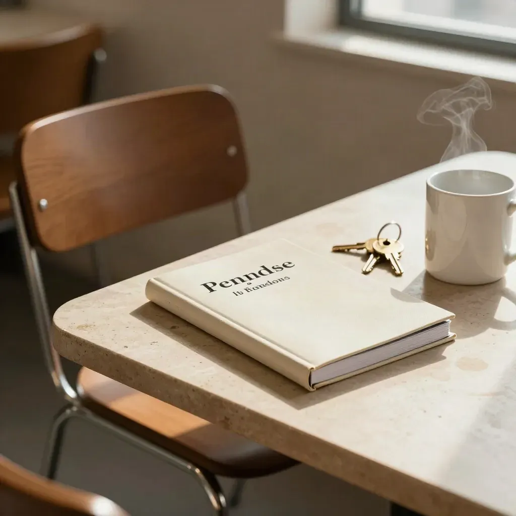 Closed employee handbook, duplicate keys, and pulled-back chair in a warm break room.