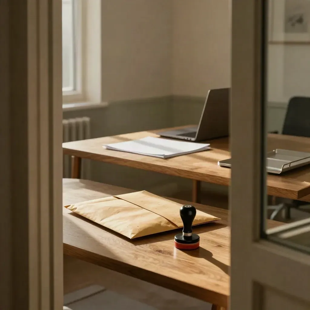 Startup incorporation workspace with sealed envelope, rubber stamp, papers, and closed laptop