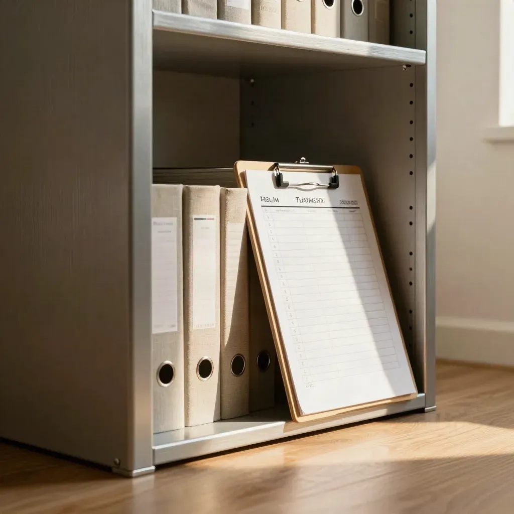 Brushed compliance cabinet with binders and a clipped checklist board in warm afternoon light.