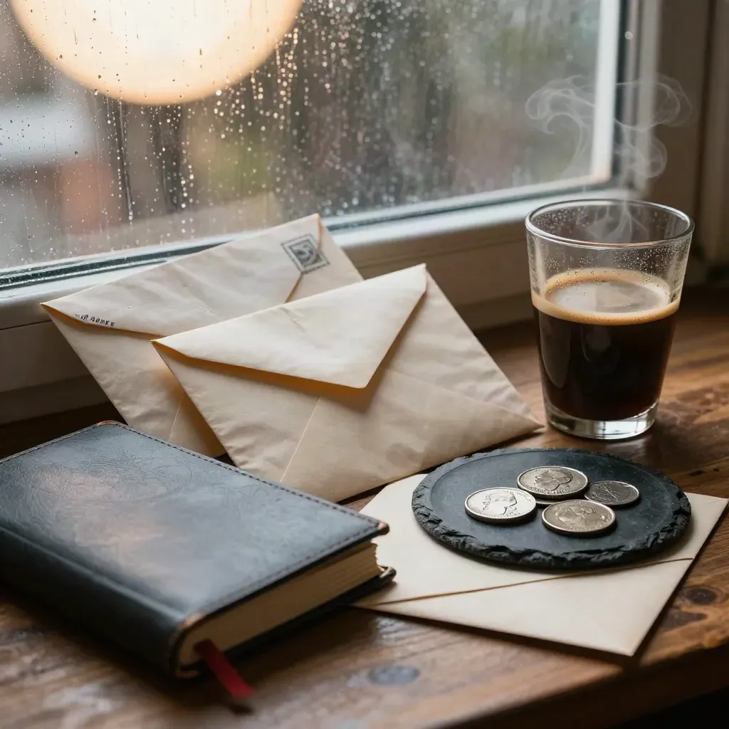 Returned envelopes, a ledger, coin dish, and espresso on a rain-lit desk in a cozy legal office.