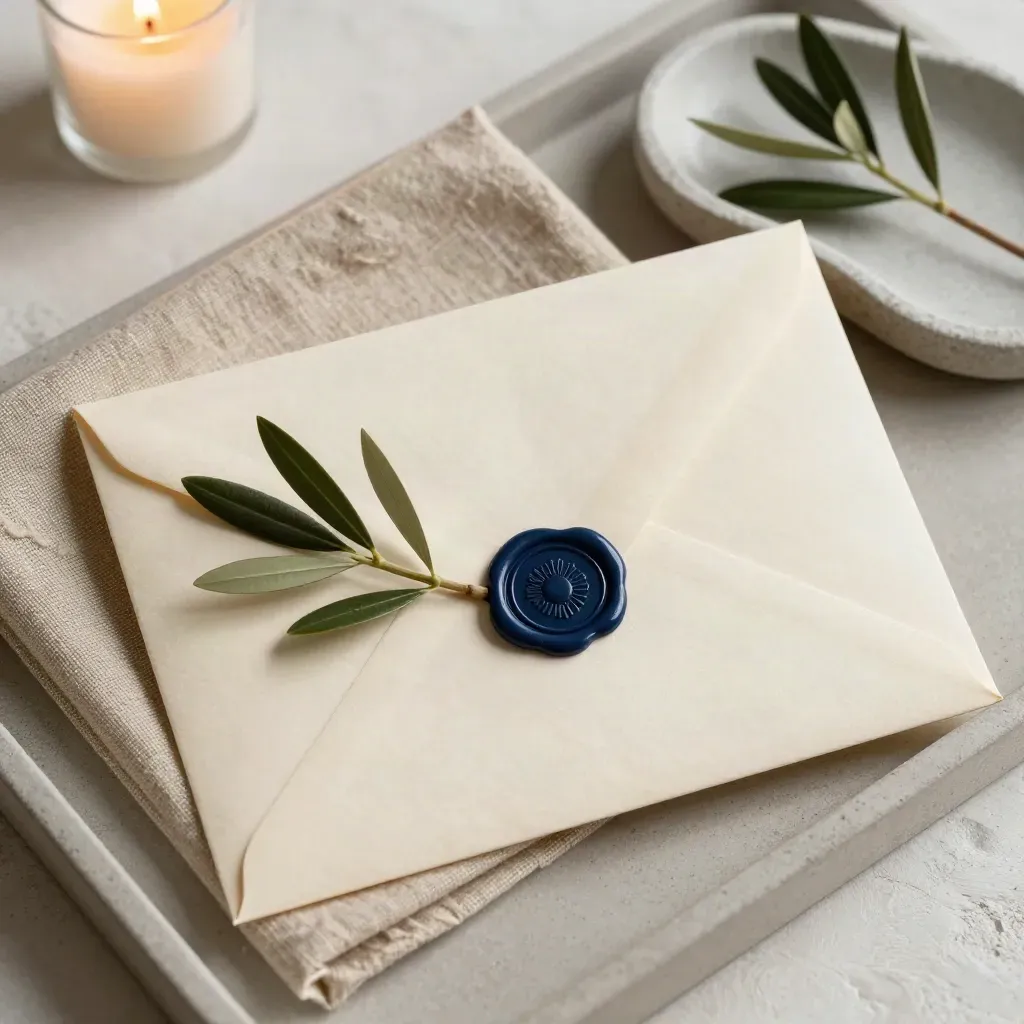 Cream envelope sealed with navy wax, olive sprig, linen cloth, and stone tray.