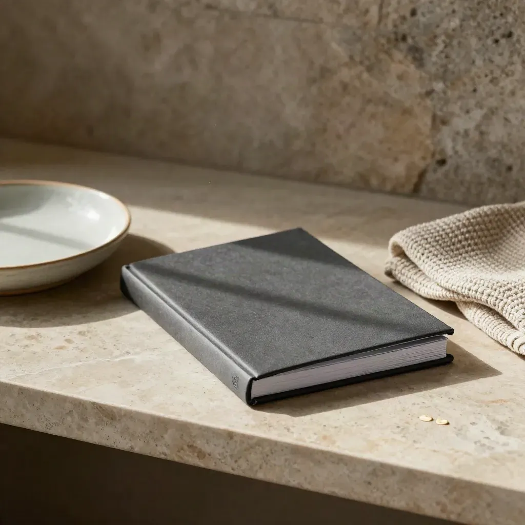 Charcoal employee handbook, ceramic dish and knit cloth on stone in soft side light.