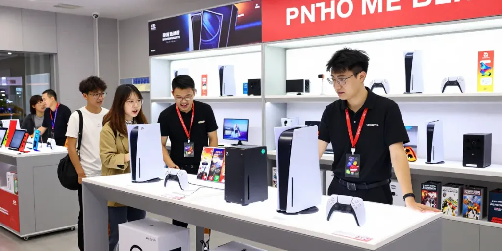 Exciting rokok88 login console shopping experience in a modern electronics store.